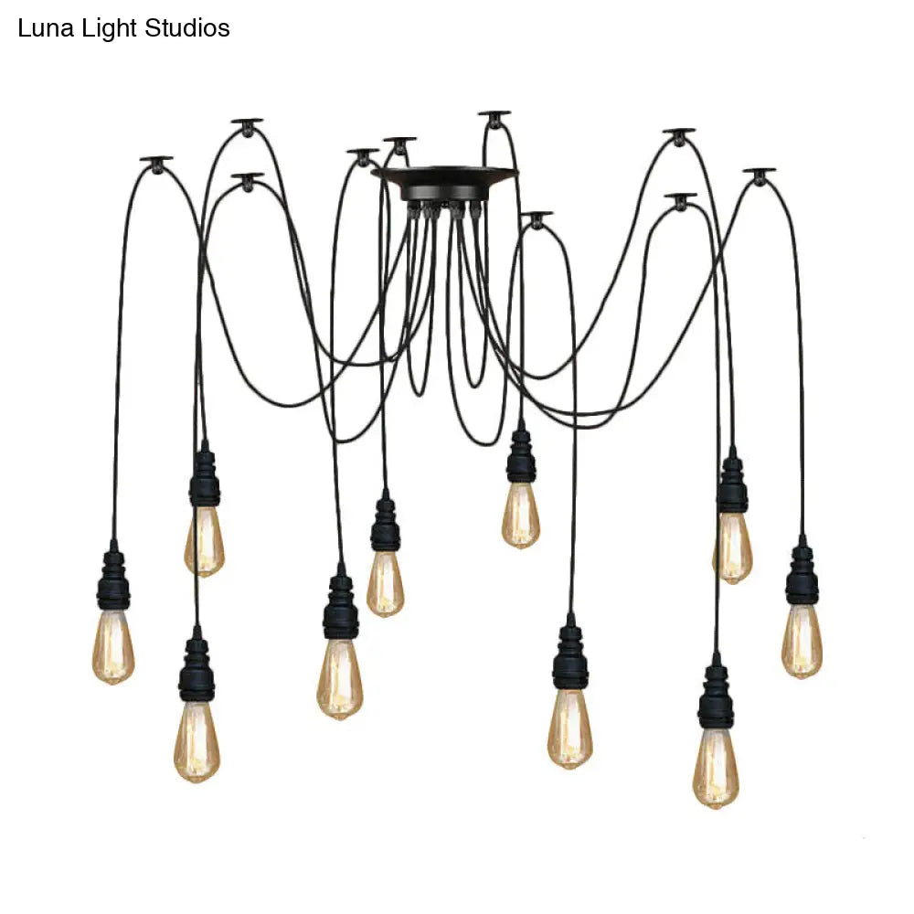 Industrial Swag Hanging Lamp with Exposed Bulb - Black Metal Pendant Light (2/3 Heads)