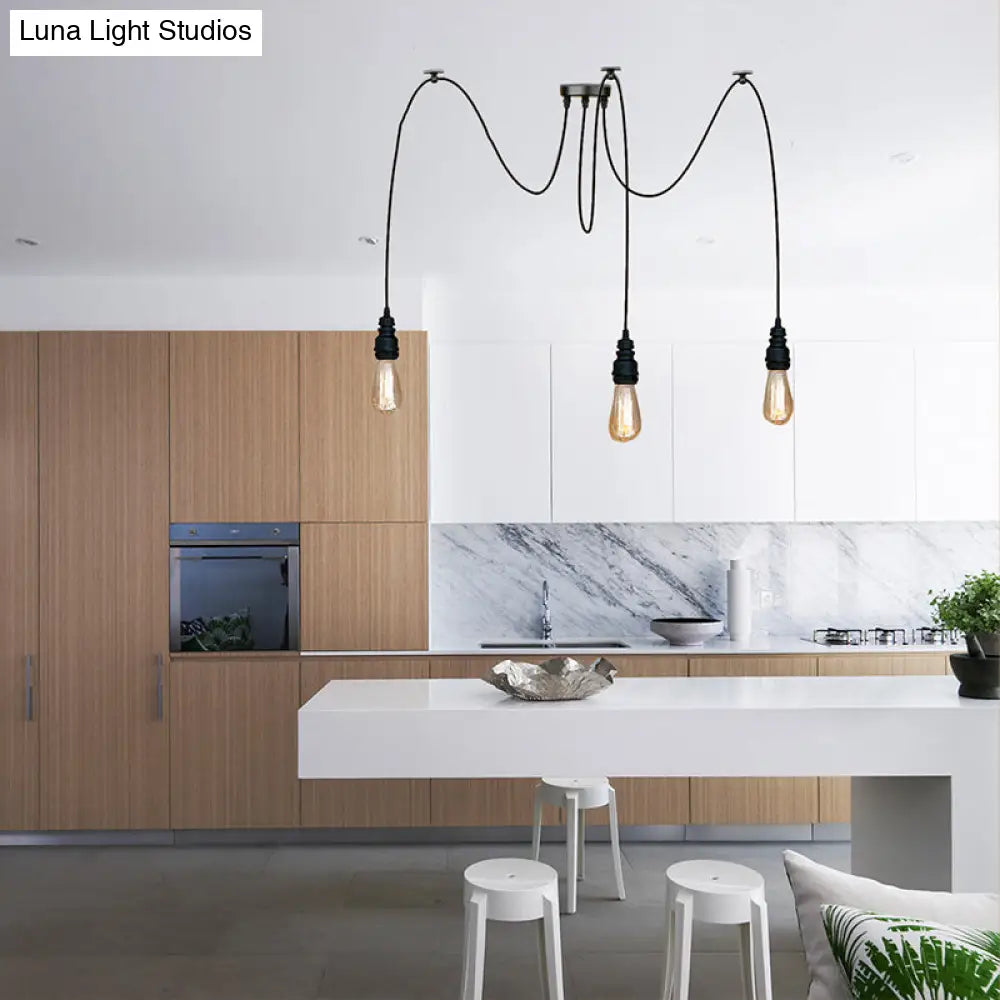 Industrial Swag Hanging Lamp with Exposed Lights - Black Metal Pendant Light for Kitchen (2/3/6 Lights)