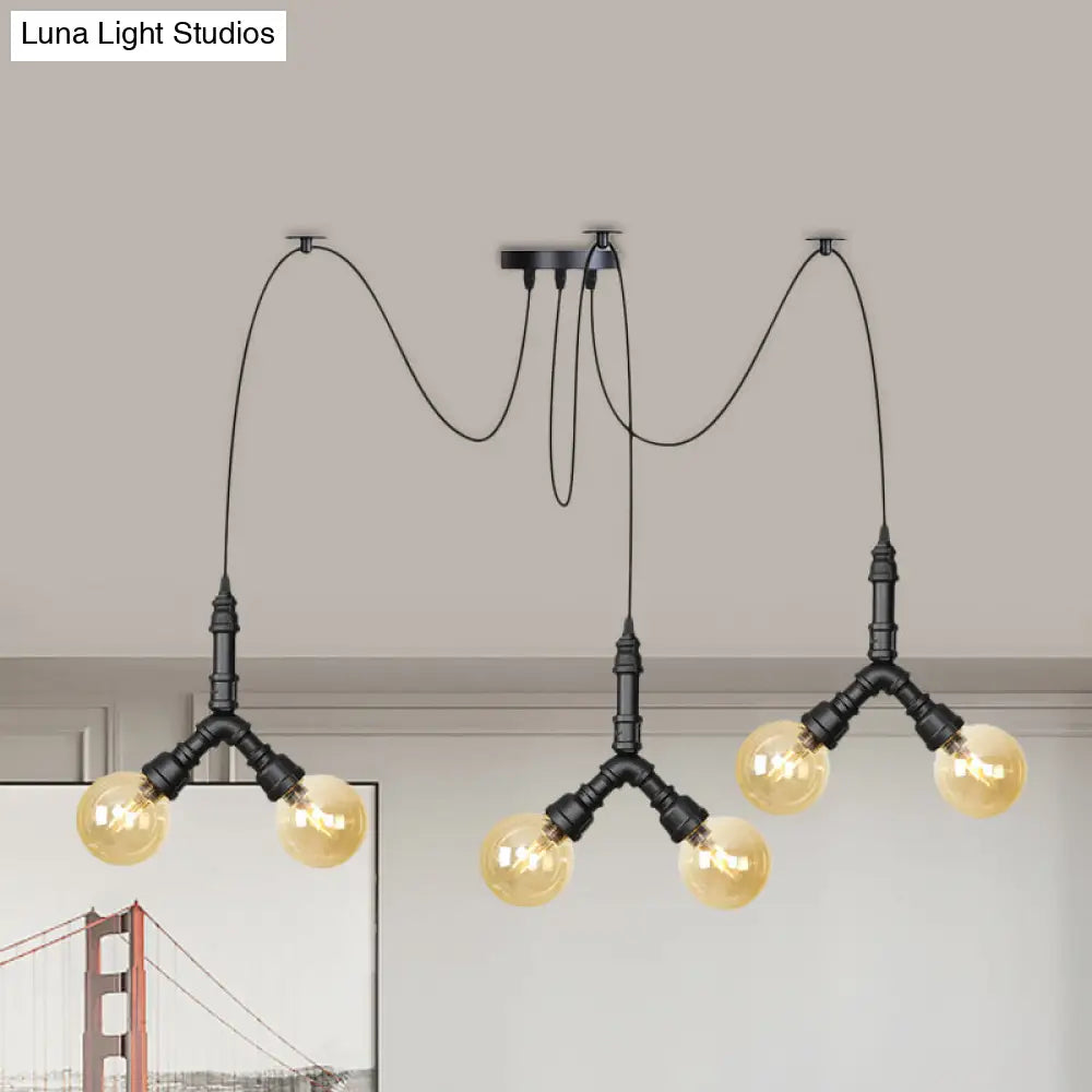 Industrial Swag Pendant Light - Amber Glass Globe, Multiple Ceiling Lights, LED, Black Finish - Perfect for Restaurants!