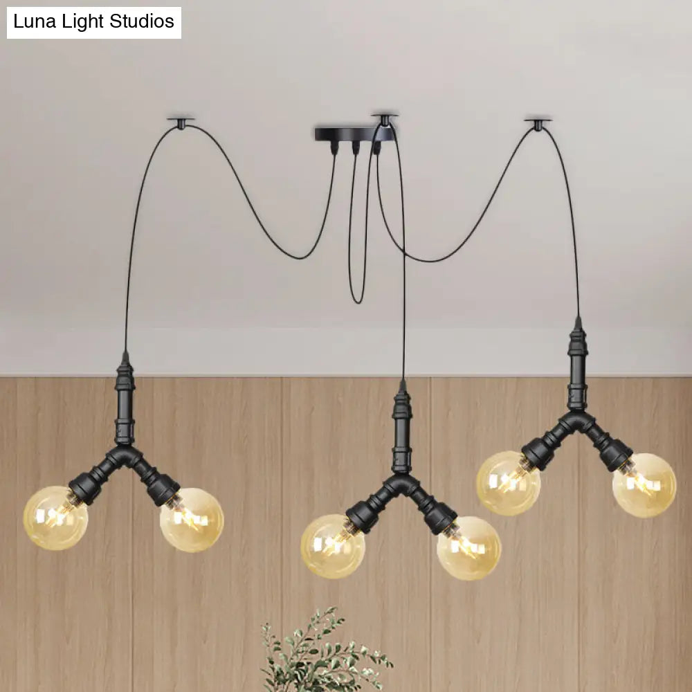 Industrial Swag Pendant Light - Amber Glass Globe, Multiple Ceiling Lights, LED, Black Finish - Perfect for Restaurants!