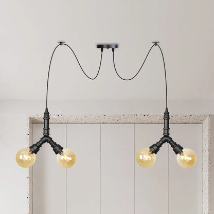 Industrial Swag Pendant Light - Amber Glass Globe, Multiple Ceiling Lights, LED, Black Finish - Perfect for Restaurants!