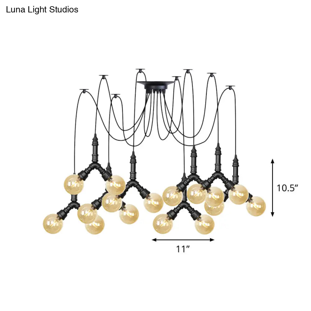 Industrial Swag Pendant Light - Amber Glass Globe, Multiple Ceiling Lights, LED, Black Finish - Perfect for Restaurants!