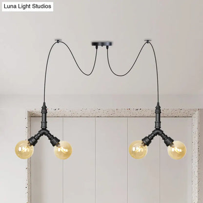 Industrial Swag Pendant Light - Amber Glass Globe, Multiple Ceiling Lights, LED, Black Finish - Perfect for Restaurants!