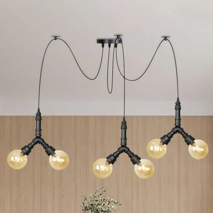 Industrial Swag Pendant Light - Amber Glass Globe, Multiple Ceiling Lights, LED, Black Finish - Perfect for Restaurants!