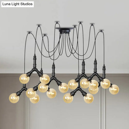 Industrial Swag Pendant Light - Amber Glass Globe, Multiple Ceiling Lights, LED, Black Finish - Perfect for Restaurants!