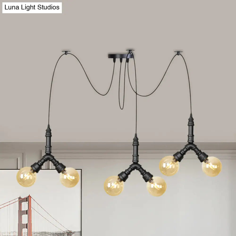 Industrial Swag Pendant Light - Amber Glass Globe, Multiple Ceiling Lights, LED, Black Finish - Perfect for Restaurants!