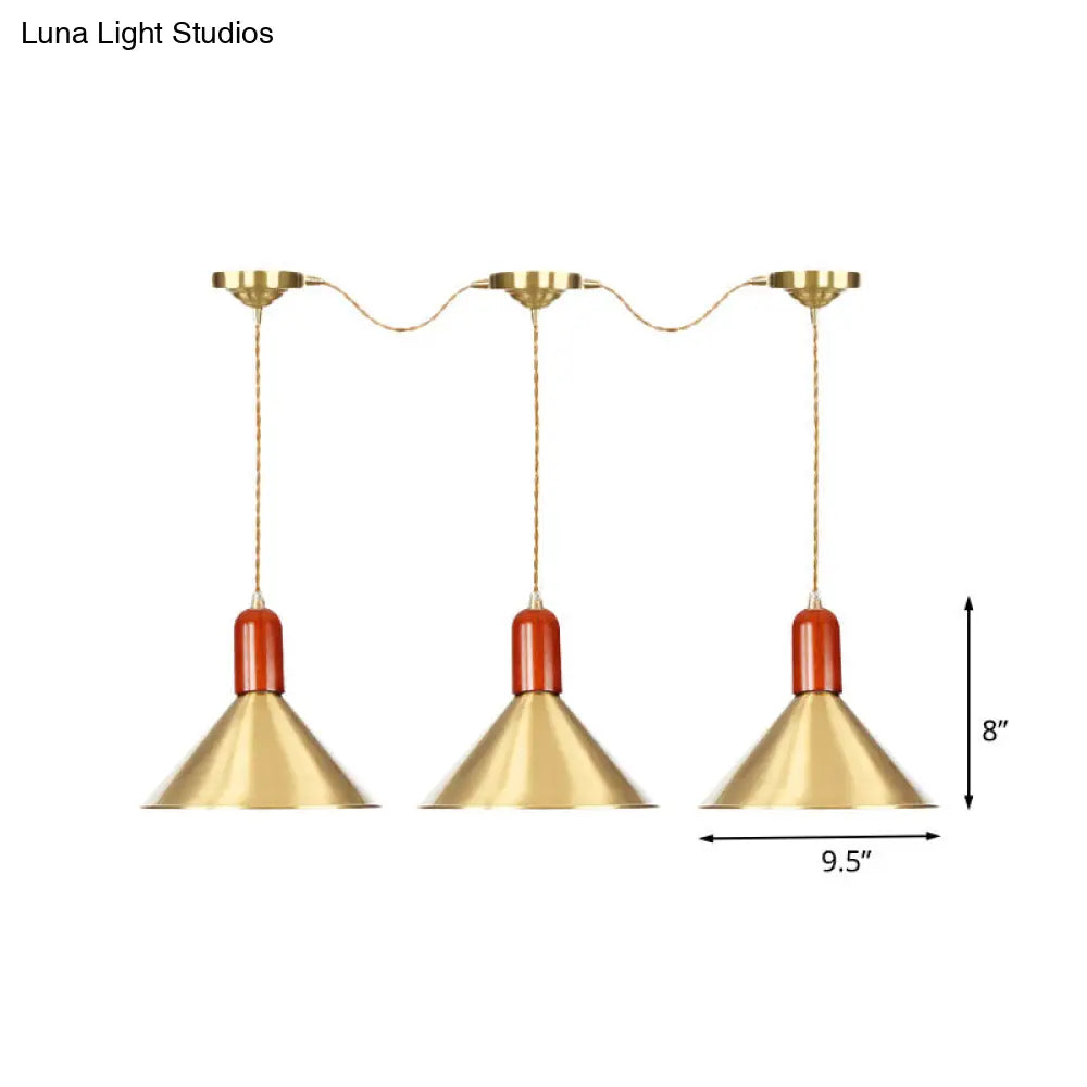 Industrial Tandem Pendant Ceiling Lamp - Conical Metallic Gold Finish, 3/5/7 Lights