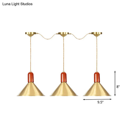 Industrial Tandem Pendant Ceiling Lamp - Conical Metallic Gold Finish, 3/5/7 Lights