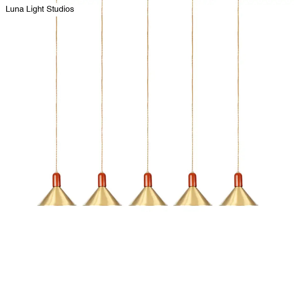 Industrial Tandem Pendant Ceiling Lamp - Conical Metallic Gold Finish, 3/5/7 Lights