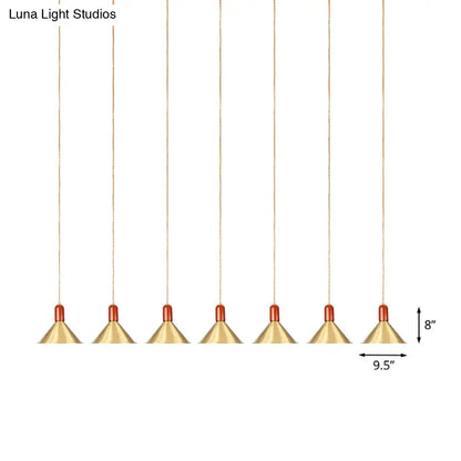 Industrial Tandem Pendant Ceiling Lamp - Conical Metallic Gold Finish, 3/5/7 Lights