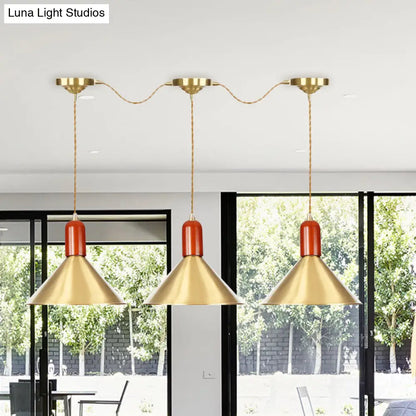 Industrial Tandem Pendant Ceiling Lamp - Conical Metallic Gold Finish, 3/5/7 Lights