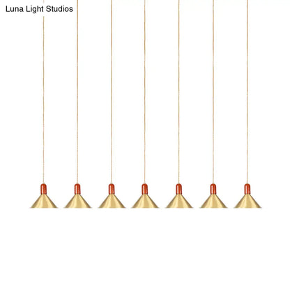 Industrial Tandem Pendant Ceiling Lamp - Conical Metallic Gold Finish, 3/5/7 Lights