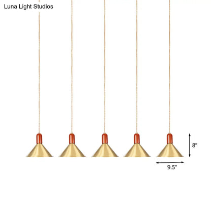 Industrial Tandem Pendant Ceiling Lamp - Conical Metallic Gold Finish, 3/5/7 Lights