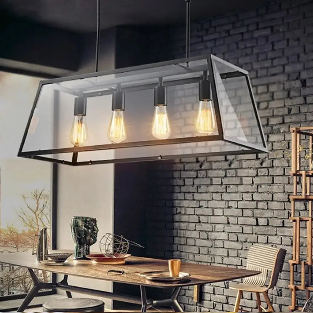Decorbites industrial trapezoid 4-light island lamp in black with clear glass and exposed edison bulbs