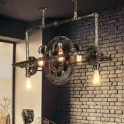 Industrial vintage black gear chandelier made of dark metal pipes with exposed Edison bulbs for dining room lighting