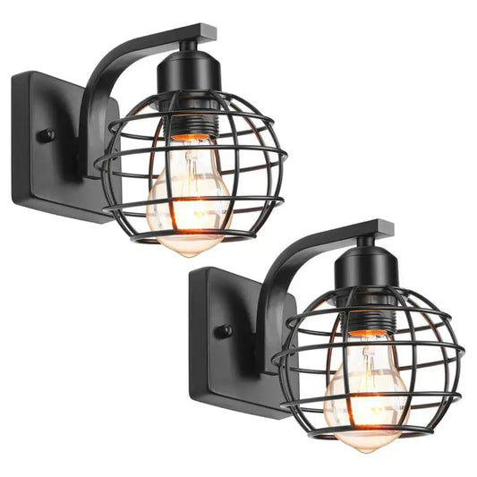Black wrought iron wall light with spherical iron cage and exposed filament bulb decorbites industrial vintage style