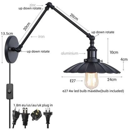Industrial vintage black iron wall light with adjustable long arm and fluted shade by decorbites black iron wall light