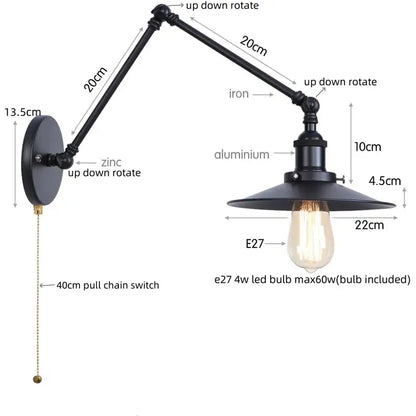 Black iron industrial vintage wall light with adjustable long arm matte shade and exposed edison bulb decorbites black iron