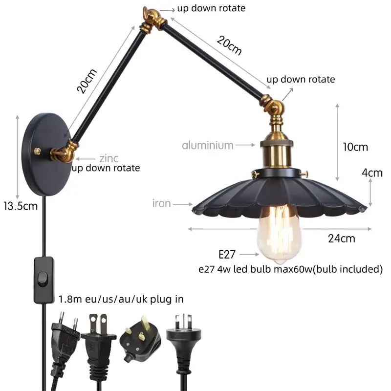 Industrial vintage black iron wall light with brass adjustable arm and fluted shade for bedroom decorbites black iron