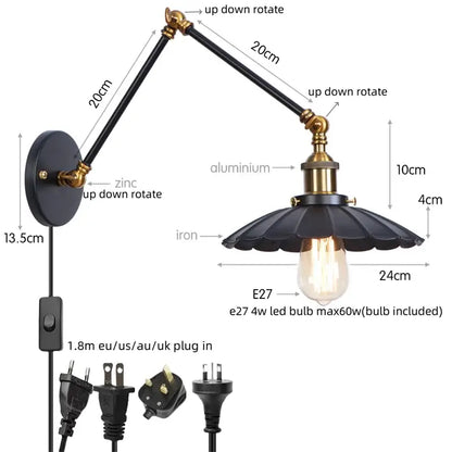Industrial vintage black iron wall light with brass adjustable arm and fluted shade for bedroom decorbites black iron