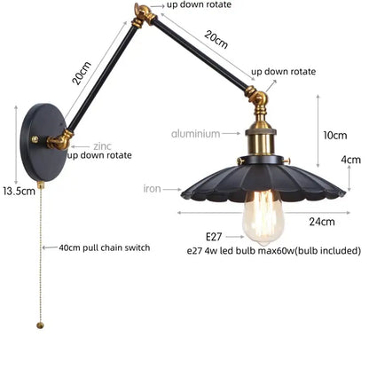 Industrial vintage black iron wall light with adjustable long arm and fluted brass shade decorbites black iron