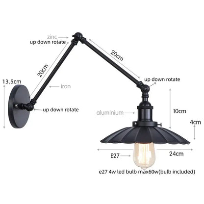 Industrial vintage black iron wall light with adjustable long arm and fluted shade for bedroom decorbites black iron style