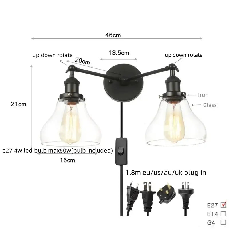 Industrial vintage black led wall lamp with black iron dual adjustable arms and clear glass shades for bathroom decorbites black led wall lamp