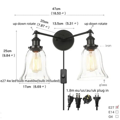 Industrial vintage black led wall lamp with two rotating iron arms and clear glass shades for decorbites black led wall decor