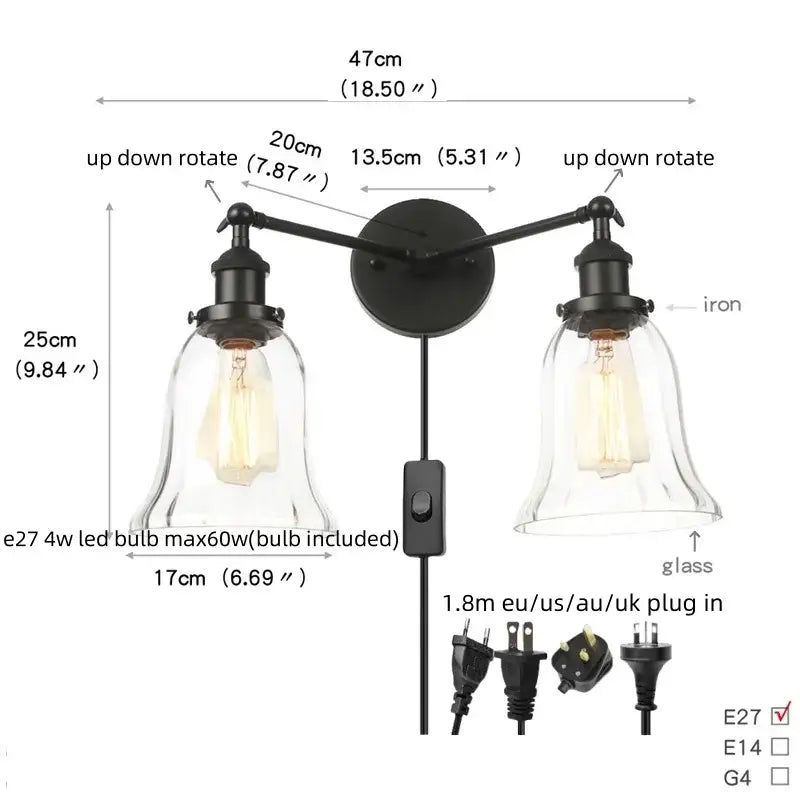Industrial vintage black led wall lamp with two rotating iron arms and clear glass shades for decorbites black led wall decor