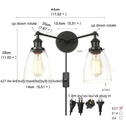 Black iron industrial vintage wall lamp with two adjustable arms and clear glass shades by decorbites black led wall