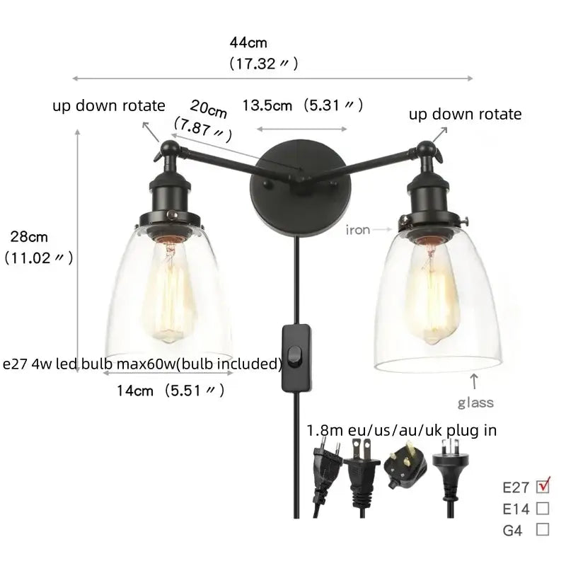 Black iron industrial vintage wall lamp with two adjustable arms and clear glass shades by decorbites black led wall