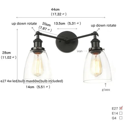 Black iron industrial vintage black led wall lamp with two adjustable arms and clear glass shades for bathroom decorbites black led