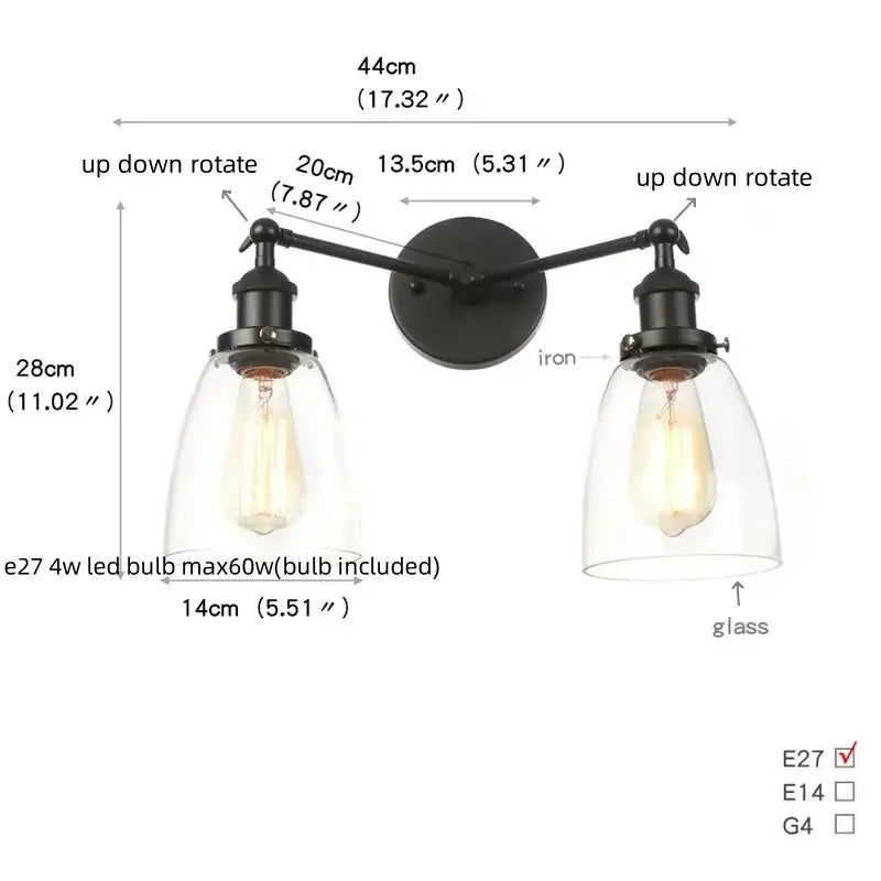 Black iron industrial vintage black led wall lamp with two adjustable arms and clear glass shades for bathroom decorbites black led