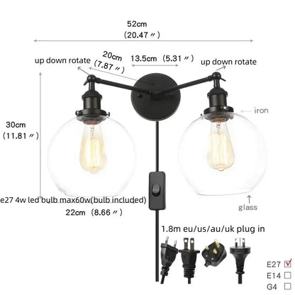 Industrial vintage black led wall lamp with black iron adjustable arms and glass globes for decorbites black led bathroom sconce
