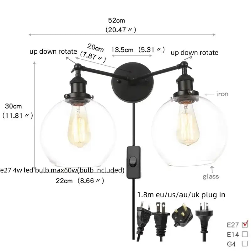 Industrial vintage black led wall lamp with black iron adjustable arms and glass globes for decorbites black led bathroom sconce