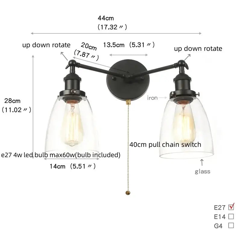 Black iron wall lamp with two adjustable arms and clear glass shades featuring exposed Edison bulbs decorbites black led