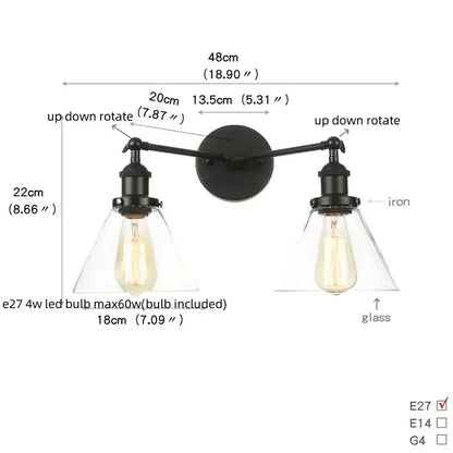 Black iron industrial vintage decorbites black led wall lamp with two adjustable arms and glass shades for bathroom decor