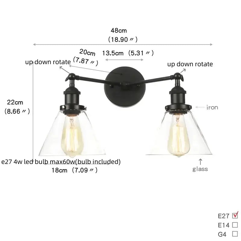 Black iron industrial vintage decorbites black led wall lamp with two adjustable arms and glass shades for bathroom decor