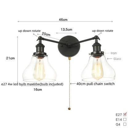 Black iron industrial vintage wall lamp with two adjustable arms and clear glass bell shades for decorbites black led wall use