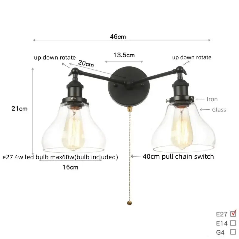 Black iron industrial vintage wall lamp with two adjustable arms and clear glass bell shades for decorbites black led wall use