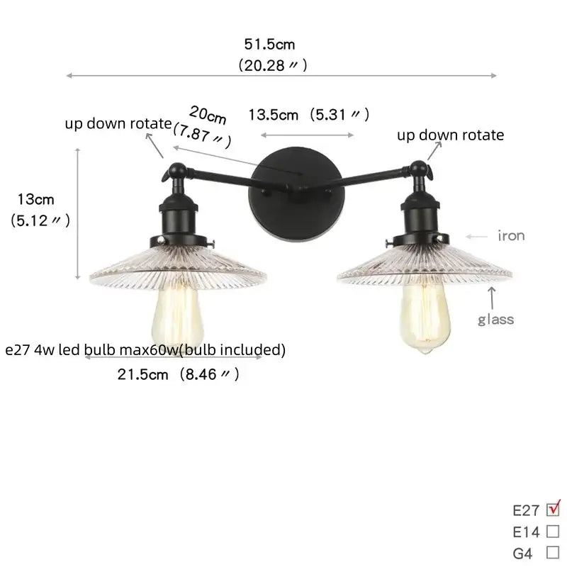 Black iron industrial vintage wall lamp with two adjustable arms and clear glass shades decorbites black led wall lamp