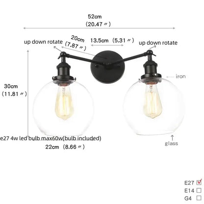 Industrial vintage black led wall lamp with black iron adjustable arms and glass globes for decorbites black led wall decor