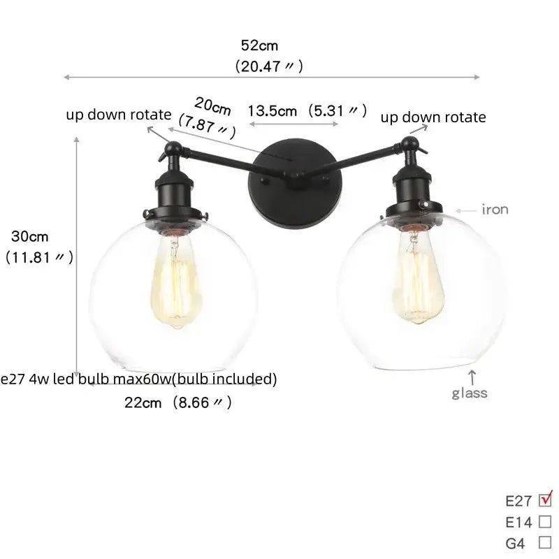 Industrial vintage black led wall lamp with black iron adjustable arms and glass globes for decorbites black led wall decor