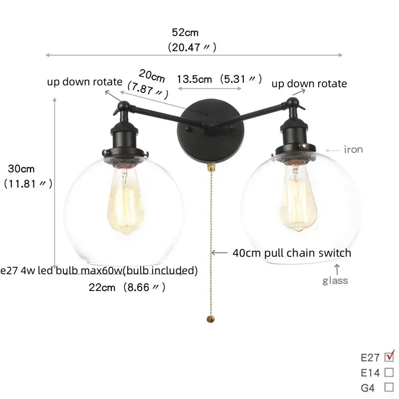 Black iron industrial vintage wall lamp with two adjustable arms and clear glass globes for decorbites black led wall use
