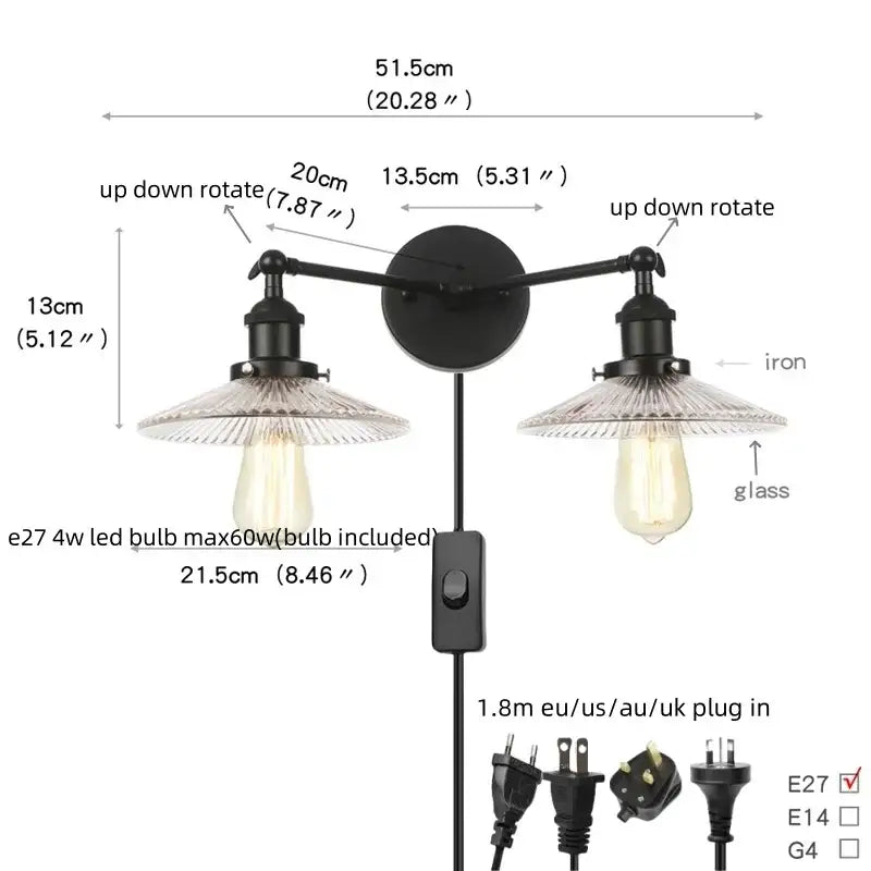 Black iron wall lamp with two adjustable arms, clear glass shades, and exposed Edison bulbs for industrial vintage decorbites black led wall use
