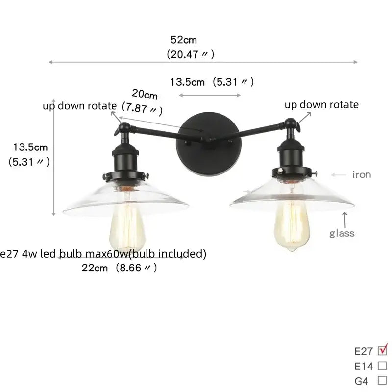 Black iron industrial vintage wall lamp with two adjustable arms clear glass shades and exposed edison bulbs decorbites black led wall