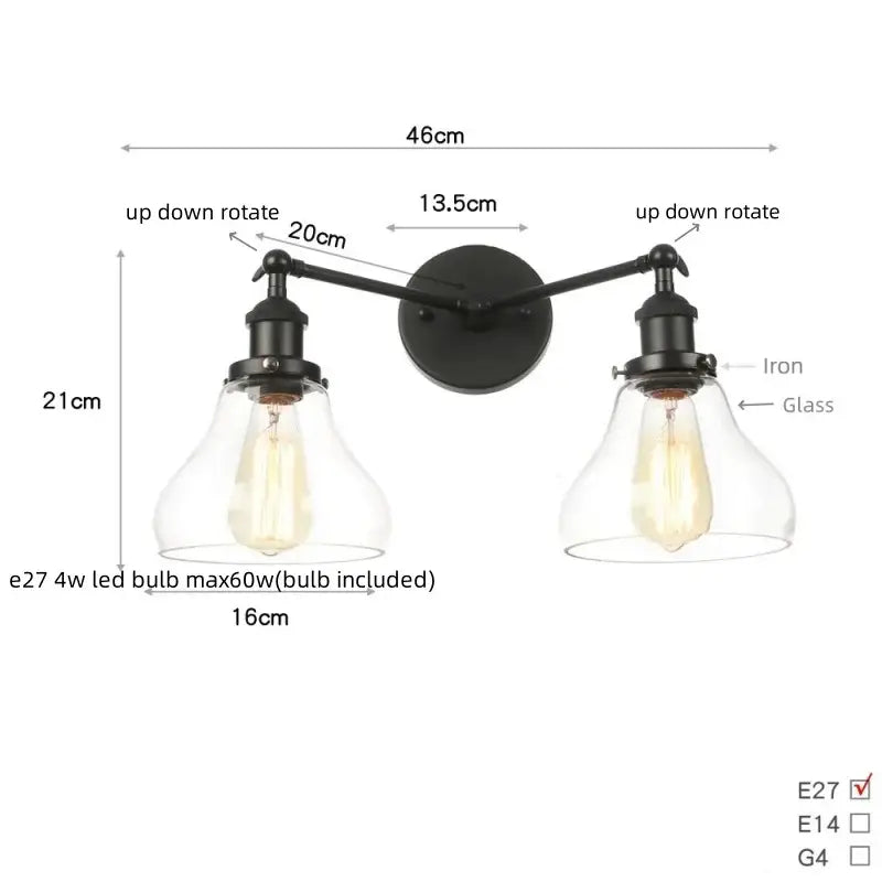 Black iron industrial vintage wall lamp with two adjustable arms and clear glass shades by decorbites black led wall