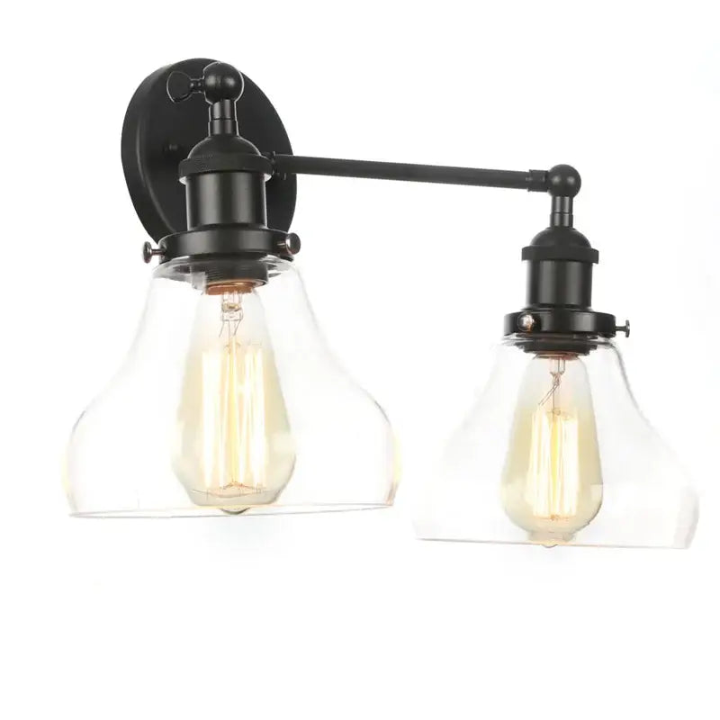 Industrial vintage black led wall lamp with two clear glass shades and exposed filament bulbs for bathroom decorbites black led wall