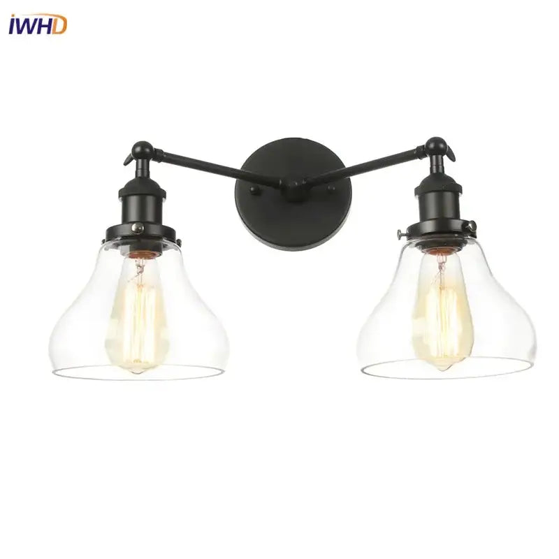 Black wrought iron industrial vintage black led wall lamp with clear glass bell shades and exposed filament bulbs