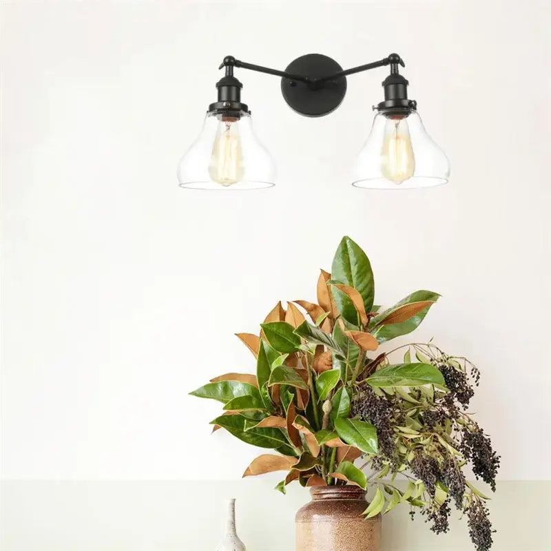 Black wrought iron industrial vintage black led wall lamp bathroom glass sconce with two clear shades and filament bulbs